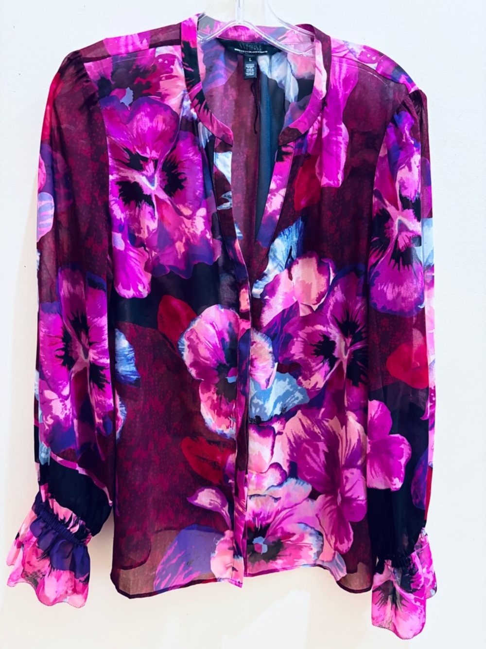 White House Black Market Pink & Purple Floral Sheer Button-Front Blouse
